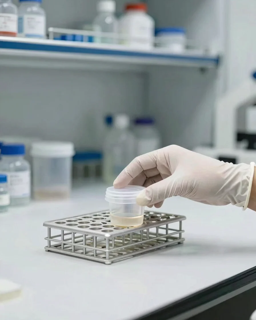 Clean laboratory bench with a gloved hand placing a sealed specimen container in a rack, soft neutral daylight, slate an