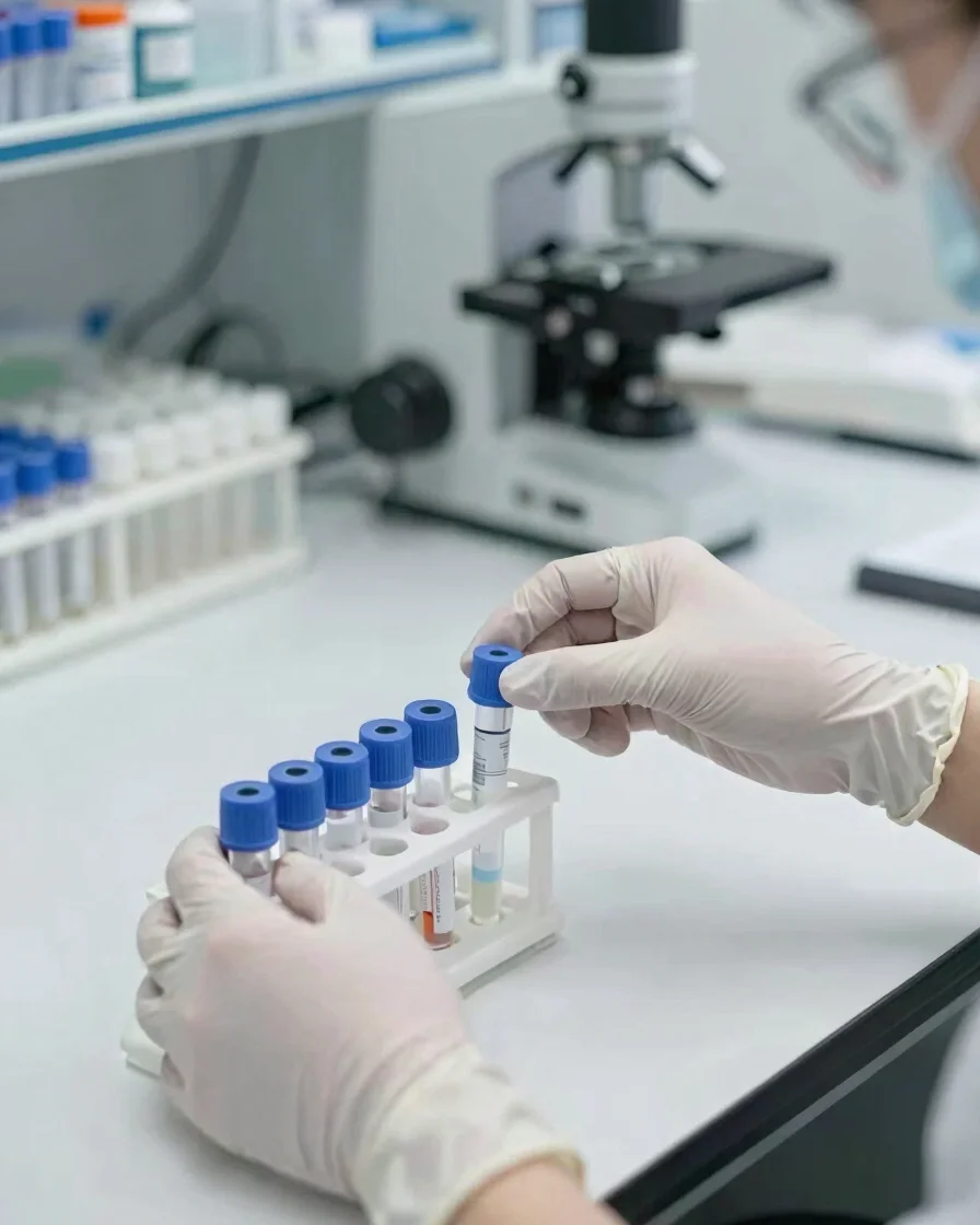 Close view of a diagnostic laboratory bench, gloved hands placing a sealed specimen tube in a rack, soft neutral dayligh